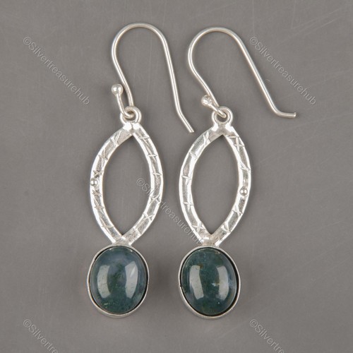 Oval Moss Agate Stone Sister Engagement Wedding Bezel Earrings Sterling Silver - Picture 4 of 7