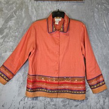 Coldwater Creek 100 Linen Jacket Petite S Orange Multicolor Embroidered Trim