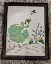 Framed Hand-Embroidered Art Woman Butterfly Flowers Crewel Cottage