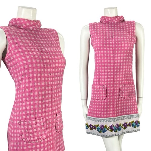 ABITO TUBINO VINTAGE ANNI 60 ROSA GRIGIO MOD GOGO GEOMETRICO FLOREALE SPUGNA 8 - Foto 1 di 11