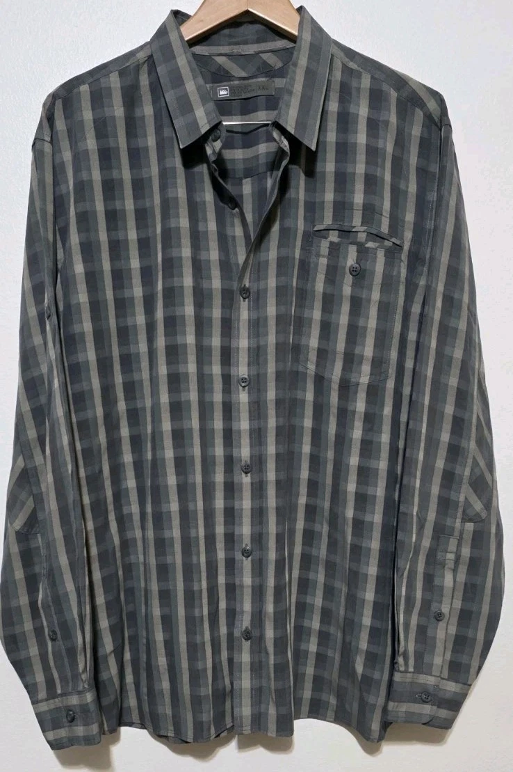 REI Men Grey Olive Long Sleeve Button Down Plaid Shirt XXL Hike Outdoors Fish