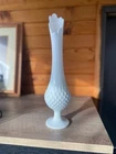 Fenton White Milk Glass Hobnail Swung Vase MCM Pedestal 15"