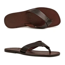 HANDMADE MENS LEATHER FLIP FLOPS SANDALS DARK BROWN MAN MADE IN ITALY