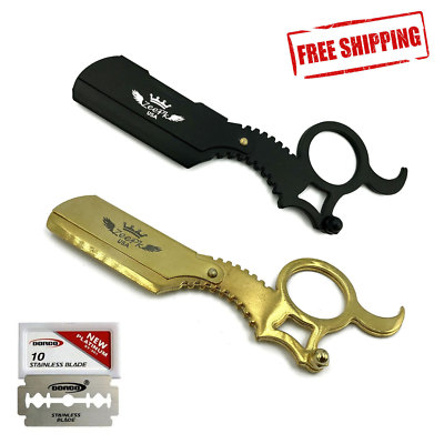 2 PC BEARD CUT THROAT BARBER SALON STRAIGHT RAZORS BLADE HOLDER + 10 ...