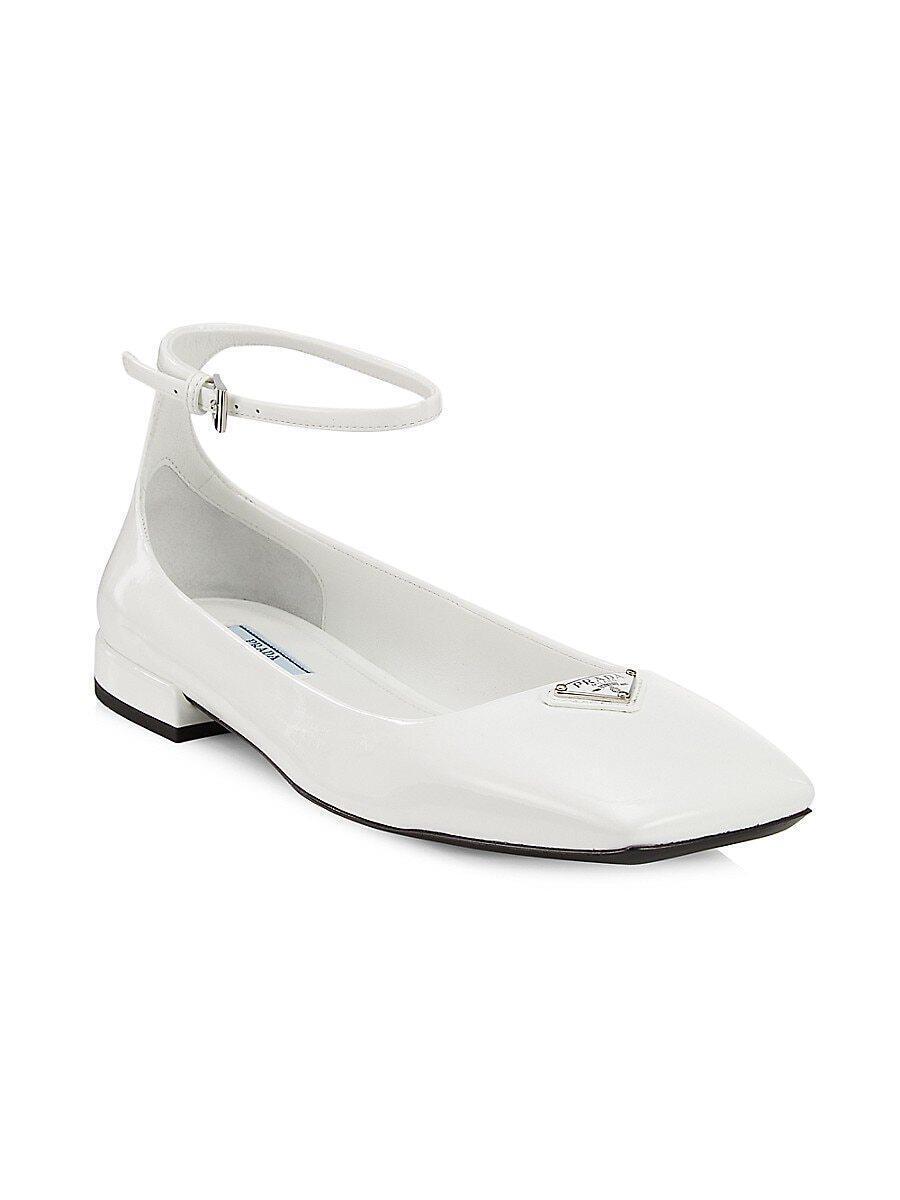 PRADA Logo Patent Leather Square Toe Ankle Strap Flat PRADA Logo Patent Leather Square Toe Ankle Strap Flat