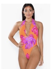 River Island Orange Printed Plunge Halter Neck Swimsuit