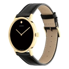 Movado Men's Signature Yellow Gold Black Dial Leather Band Swiss Watch