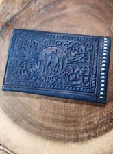 Genuine Leather Moroccan Wallet. Handmade Carved Bi-fold. Blue Med