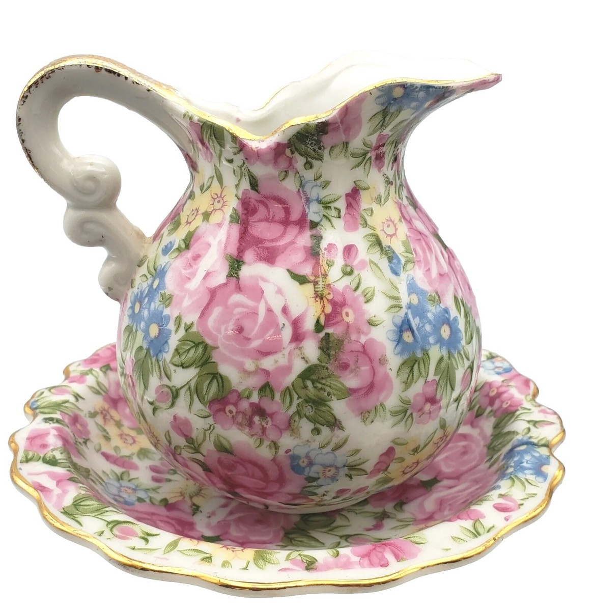 Royal Crown Chintz Japan Fine China Small Mini Pitcher Plate Set