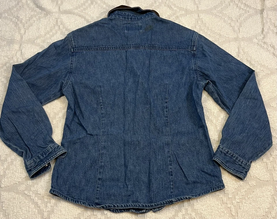 TALBOTS Shirt Women Sz S Petite Blue Denim Button Up Brown Faux Suede Collar - Image 2 of 4