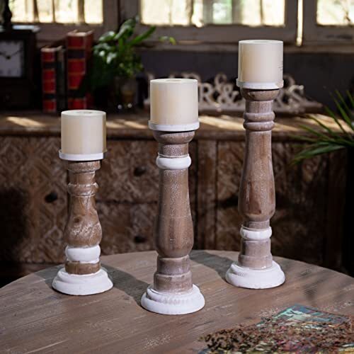 Brown Wooden Candle Holders Pillar 9 Inch Tall Farmhouse Candle Holders Decorati