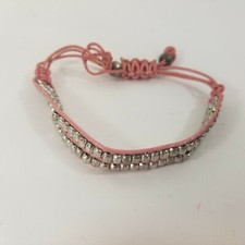 Double Row of Metal Silver Tone Beads on Faux Pink Leather Boho Bracelet