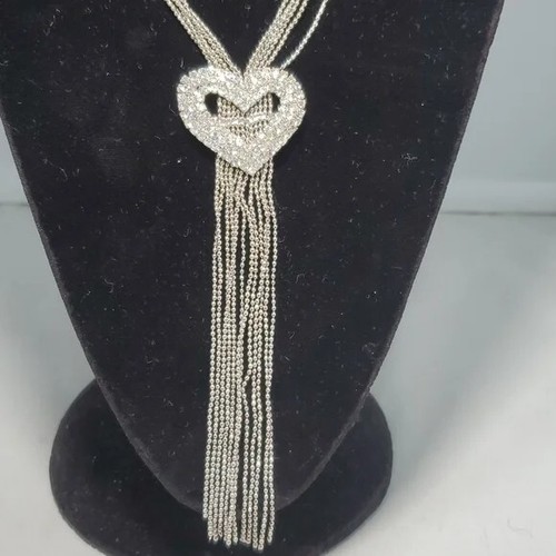 New York & company silver rhinestone heart tassel necklace NWT - Picture 2 of 6