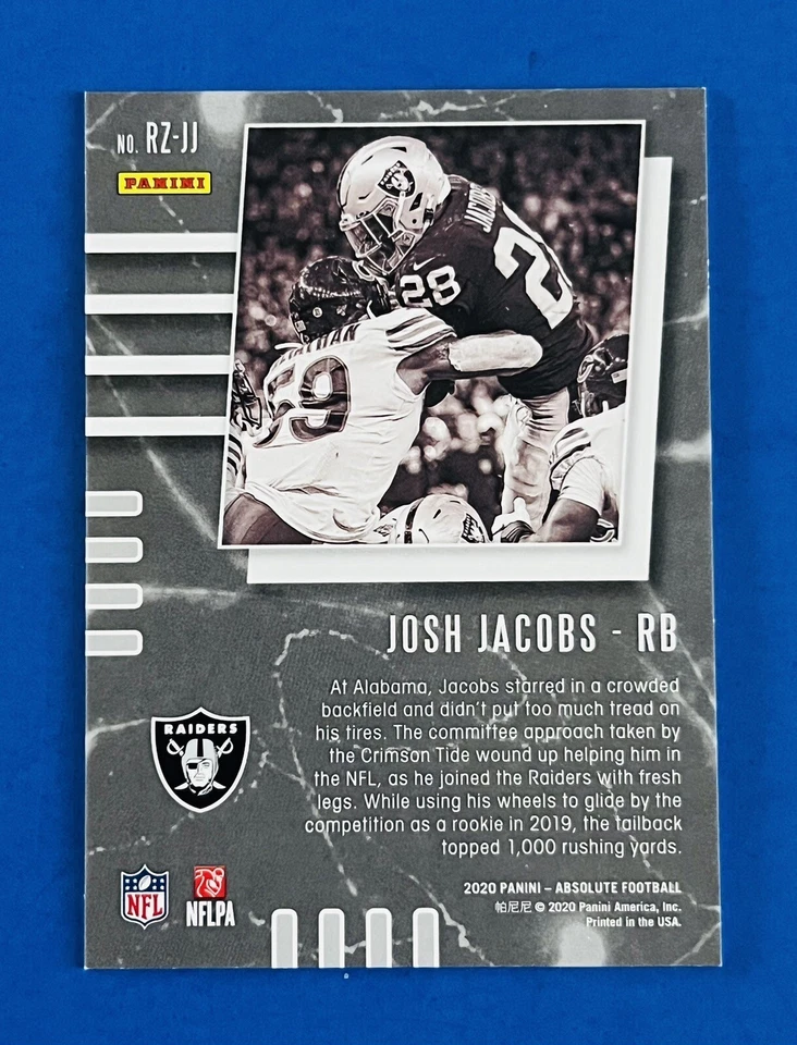 2020 Absolute Josh Jacobs Foil Red Zone Parallel Insert Card #RZ-11; #d /75 - Image 2 of 2