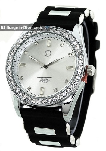 Mens Silver tone CZ Clubbing Watch-Bezel-Dial Black Strap Silver Bullets to 9.5" - Picture 2 of 8