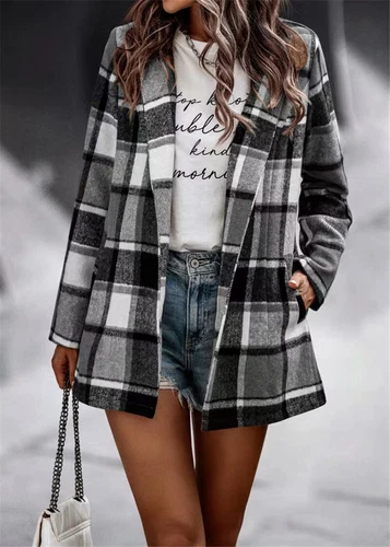 Women's loose checkered printed long sleeved cardigan- - Foto 16 di 24
