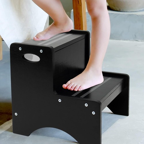 HAJACK Step Stools for Kids, Black , Wooden Two Step Stool Safety Non-Slip Mats - Picture 2 of 5