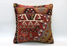 Kilim Pillow, 16x16 in, Ethnic Pillow, Vintage Pillow, Decorative Boho Pillow