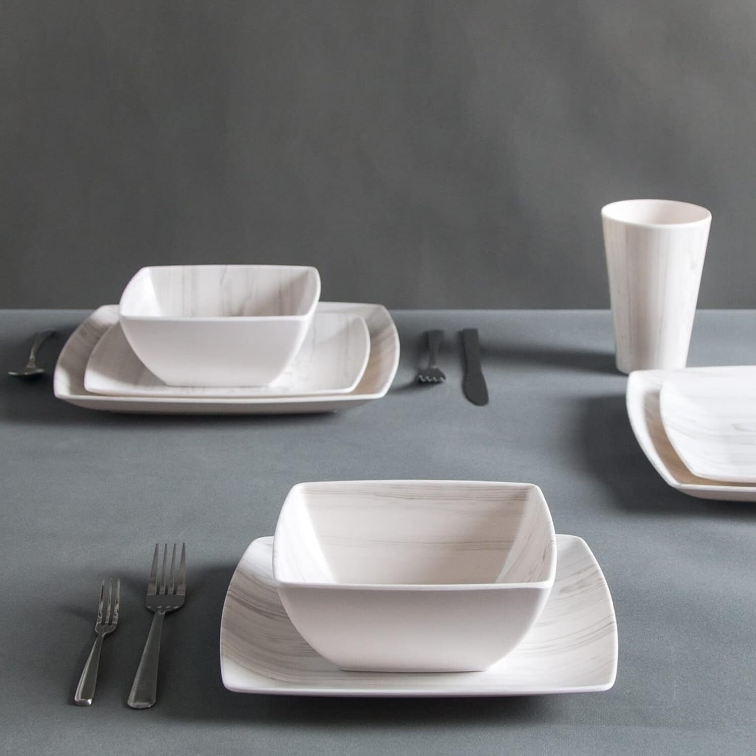 Melamine Dinnerware Set 16Pcs Woodlooking Dish Dishware Square Mugs