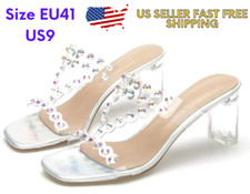 Women's Comfortable Clear Mules Heeled Sandals Slip On Block Chunky Heels Silver