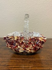 ANTIQUE STEVENS & WILLIAMS Splatter Art Glass Horn Handle Basket 6 3/8