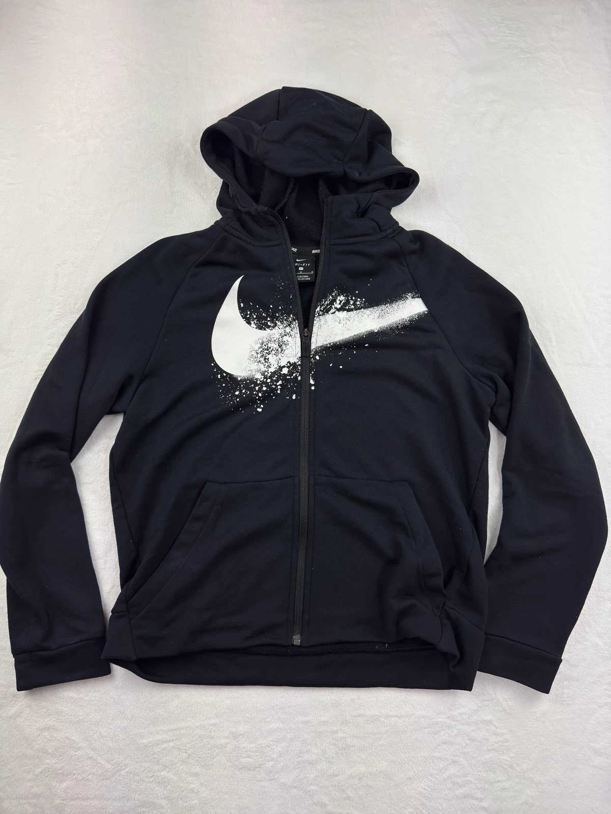 Nike Hoodie Boys Large Black Dri-FIT Full Zip Swoosh Graphic Jacket Athletic