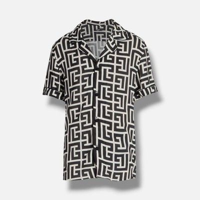 Balmain Men Black Monogram Short-Sleeve Pipe-Trim Pajama Shirt Size 39