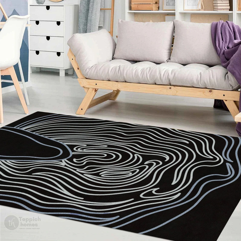 Alfombra negra 8x10 acolchada a mano alfombra de lana moderna para sala de estar grande interior Foto 4 de 4