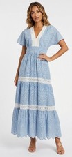 Elie Tahari Blue White Lace Eyelet Empire Waist Tiered Prairie Maxi Dress 6 New