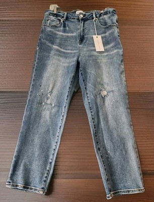 NWT Risen Jeans Mid Rise Distressed Taper Crop Paint Jeans RDP5269X Kiki Sz 1XL