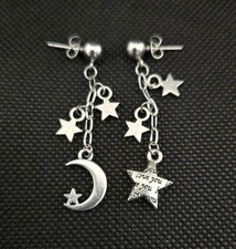Moon and STARS Celestial Earrings Dangle Stud Design Silver Tone
