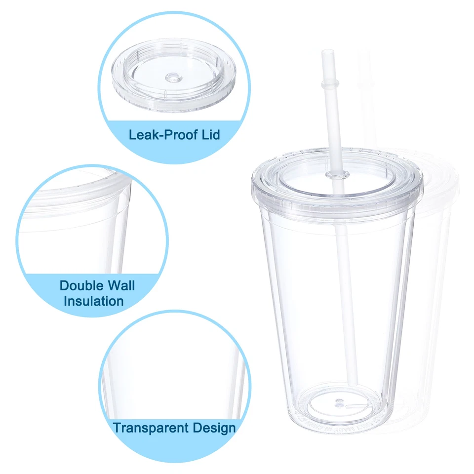 Vaso Acrílico con Tapa y Pajita 16Oz Doble Pared Transparente Vasos Gris Foto 3 de 4