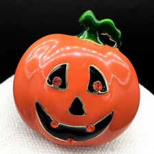 Vintage Jack O Lantern Pumpkin Brooch Orange Enamel Rhinestone Halloween Pin