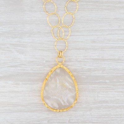 New Nina Wynn Druzy Quartz Agate Pendant Necklace 19'' Sterling Silver 22k Gold