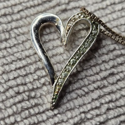 Sterling Silver Diamond Heart Pendant Necklace 18'' Box Chain - Signed - Read