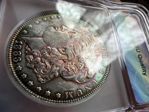 1883-P BU PL GREEN Rainbow Toned - Reverse Prooflike Morgan Dollar