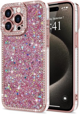 iPhone 15 Pro Max Case Glitter, Luxury Shiny Bling Sparkly Bumper Cover, Pink