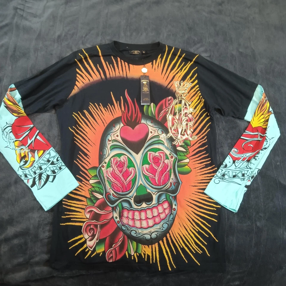 NUEVO CON ETIQUETAS Camisa Christian Audigier Con Cuentas Calavera Rosa Para Hombres XL Manga Larga Ed Hardy Rara Foto 4 de 4