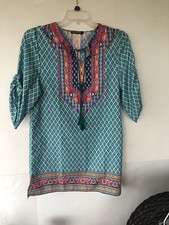 Urban Coco Ladies Dress Boho Ruched 3/4 Sleeve Front Tie Colorful Size M