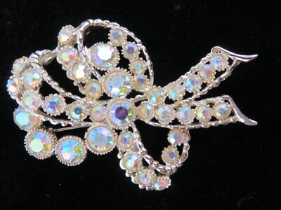 Vintage Aurora Borealis AB Rhinestone Brooch Abstract Bow Stunning Signed BSK
