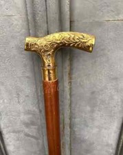 Classic Brass T-Shape Golden Head Handle Wooden Cane Walking Stick Handmade Gift