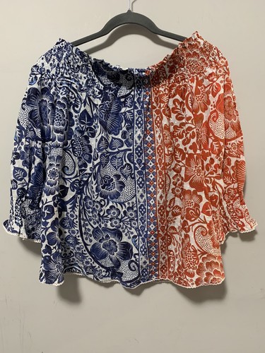 Chicos schulterfreie Damenbluse 1,5 US 10 blau rot geblümt 3/4-Arm Boho cool