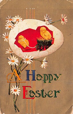Easter Card Crackled Egg Hunt Chicks Fantasy Cart Horse Hay Vtg Postcard D48