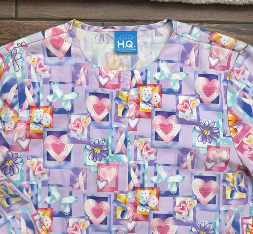 WOMENS SCRUBS JACKET Breast Cancer Scrubs Pink Ribbons Hearts Butterflies SIZE S - Picture 6 of 8