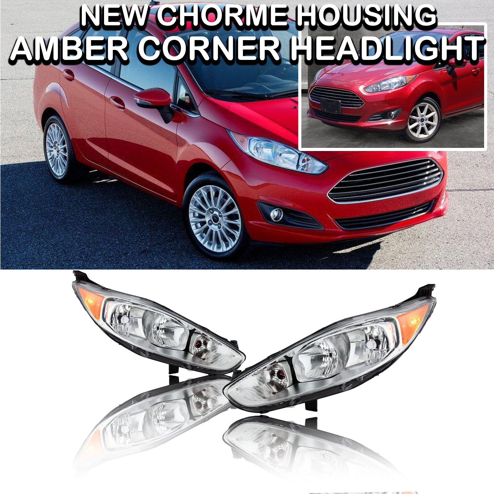 Amber Corner Clear Chrome for 20142019 Ford Fiesta Headlights Headlamps pair eBay