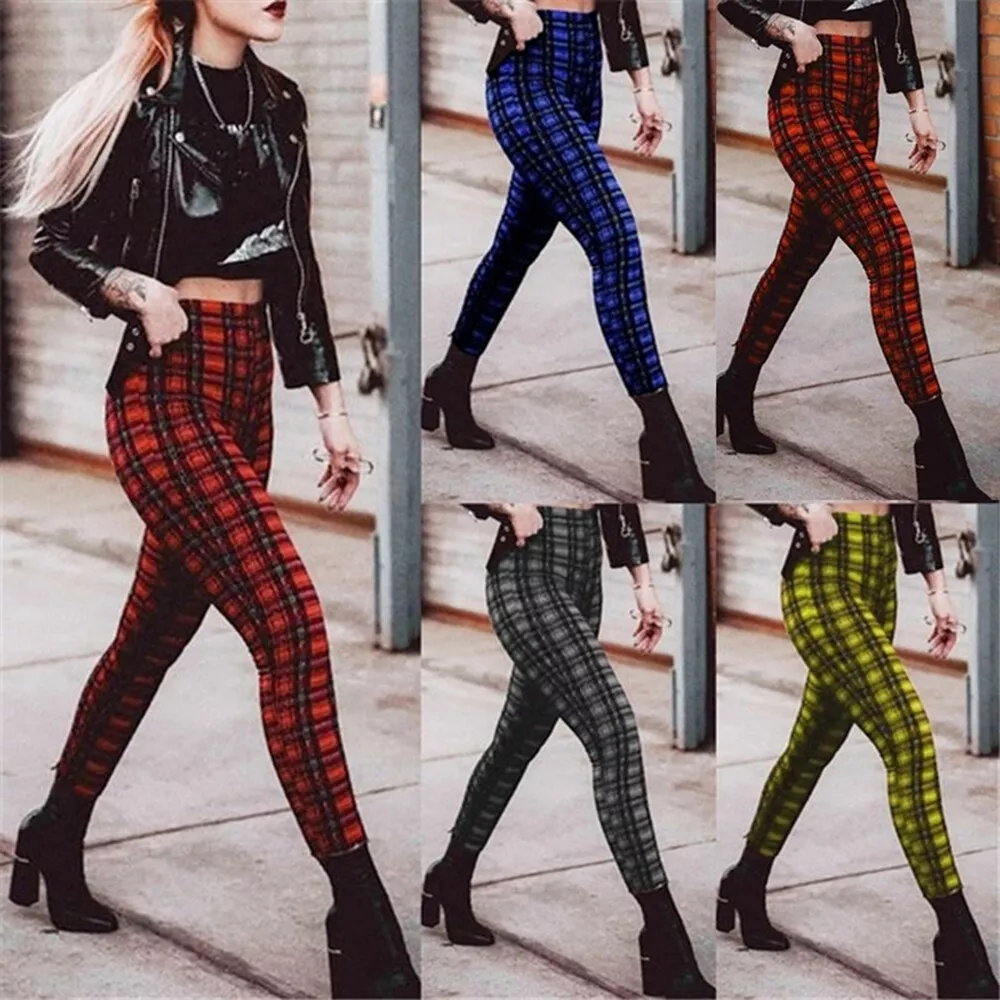 Women High Waist Yoga Pants Sport Leggings Check Plaid Fitness