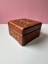 Vintage Hand Carved Etched Wooden Star Design Square Footed Jewelry Trinket Box