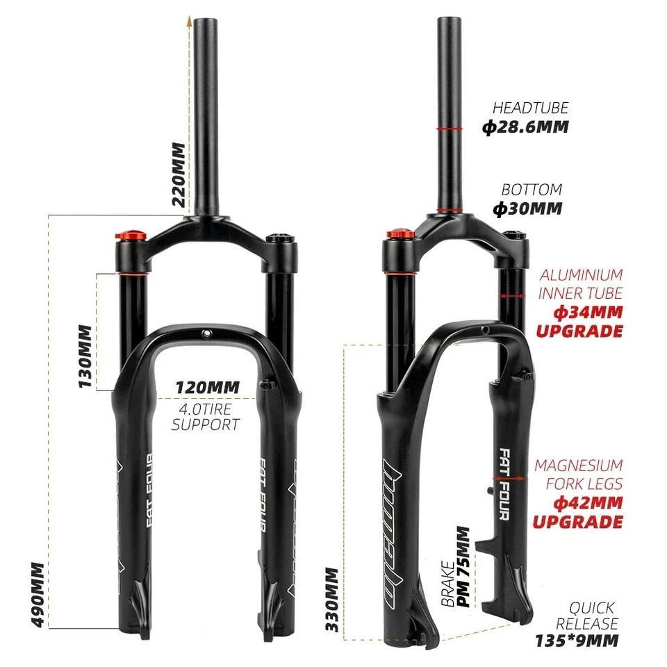 MTB Moutain 20inch Bike Fat Bicycle Fork Suspension Air Forks For 4.0"Tire 135mm - Image 3 of 4
