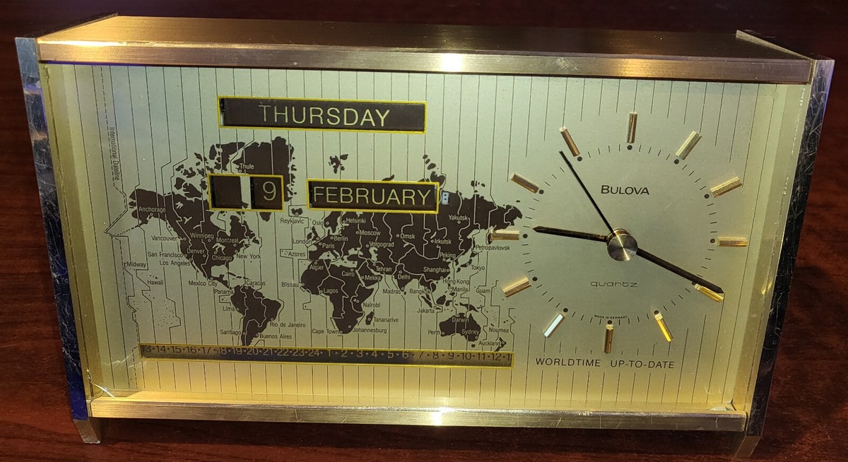RARE Bulova Magellan Quartz World Time Clock + Wood Box + Manual