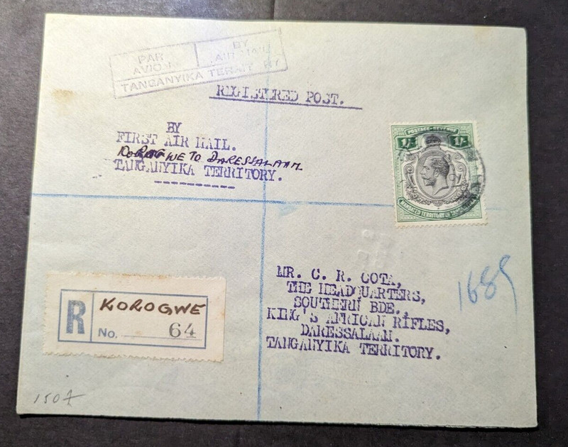 1930 Registered British KUT Airmail First Flight Cover FFC Korogwe to Dar Salaam